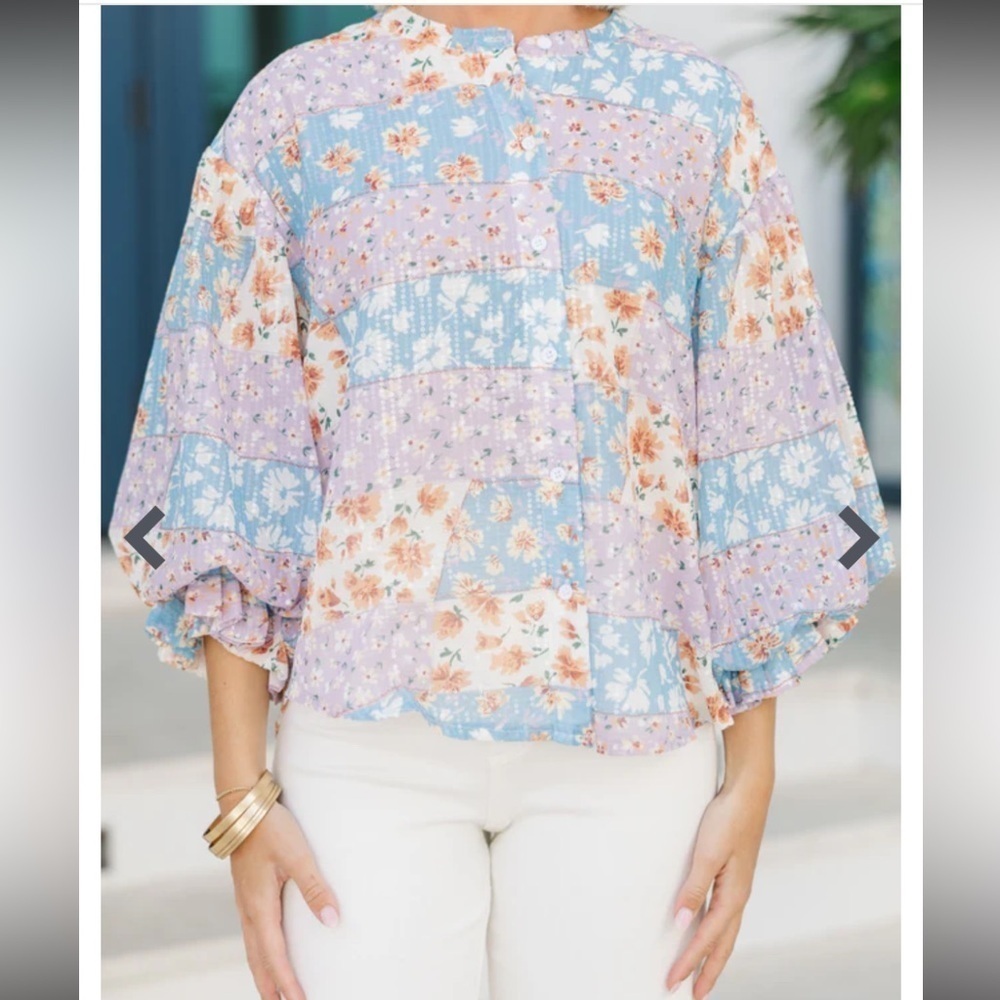Nwt Fate Ditsy Floral Patchwork Sequin Balloon Sleeve Blouse